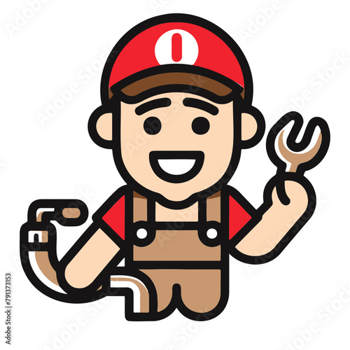 Minimalistic logo illustration of a plumber on a white background, cute and comical