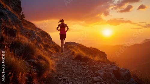 A solitary runner takes on a mountain trail at sunset, embodying the spirit of endurance and the pursuit of personal fitness goals. AIG41
