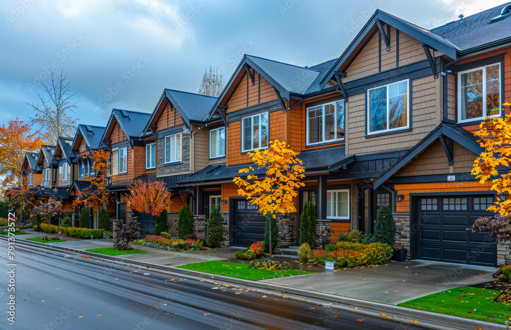 Row of new townhouses in residential neighborhood in the autumn season. Row of new townhouses in residential neighborhood in the autumn season.