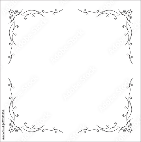 Elegant black and white ornamental frame, decorative border, corners for greeting cards, banners, business cards, invitations, menus. Isolated vector illustration. 
