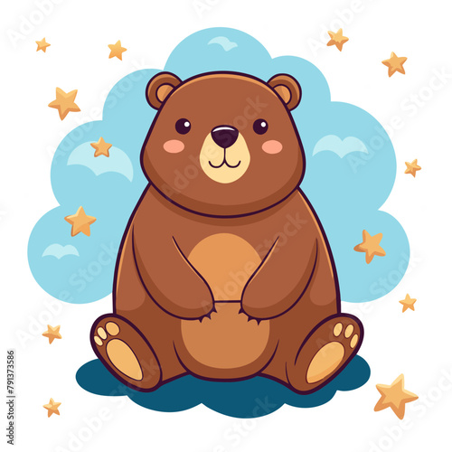 brown chubby bear on clounds,bear, chubby, clound, childlike, vector, clip art, brown