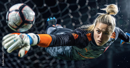 female soccer player diving to make save, wearing black and grey long sleeve jersey with orange accents, white gloves