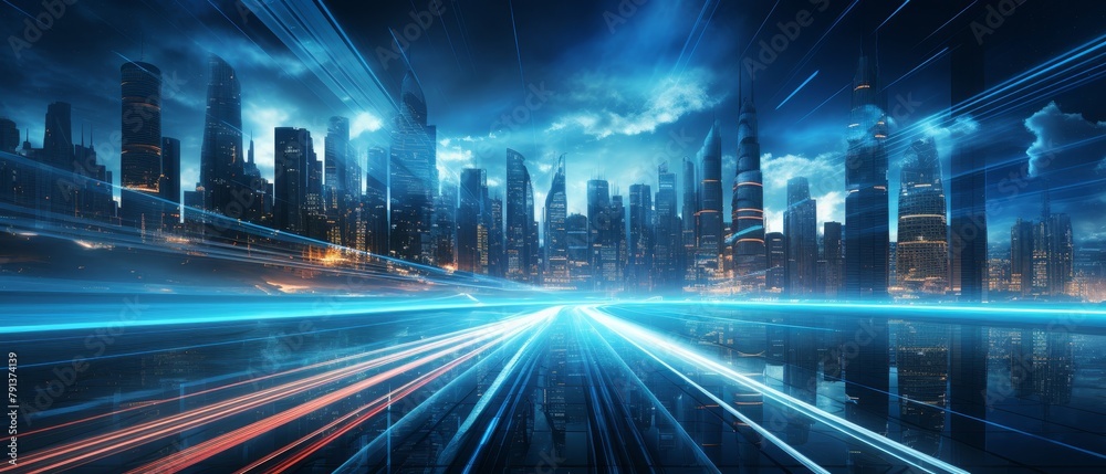 Cityscape of a futuristic city with skyscrapers and blue and red light trails in the foreground.