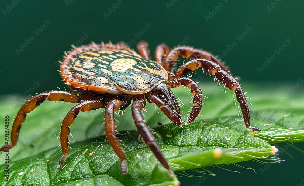Tick sits on green leaf. Dangerous parasite and infection carrier mite Tick sits on green leaf. Dangerous parasite and infection carrier mite