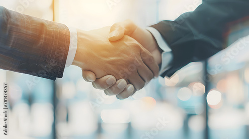 Business partnership meeting. Picture businessmans handshake. Successful businessmen handshaking after good deal. Horizontal, blurred background photo