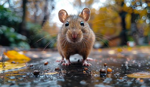 Rat standing on wet road. Rats on the street photo