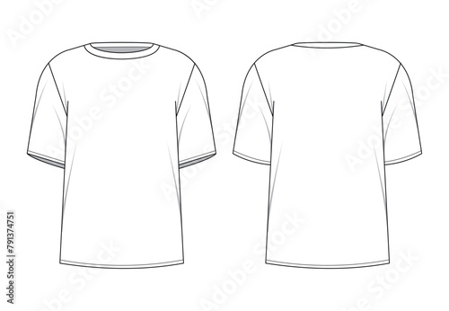 T-shirt technical design. Fashion men clothes with elbow sleeve and round neckline. Sport or daily male apparel template design, decent vector element © MicroOne