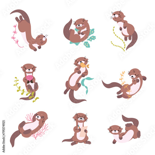 Cartoon otter. Funny otters in different poses, eating, playing and swimming. Water animal, river or lake characters. Childish mascot nowaday vector set