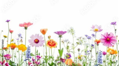 A vibrant selection of various pressed wild meadow flowers isolated on a white background, displaying a range of colors and details. © MiniMaxi