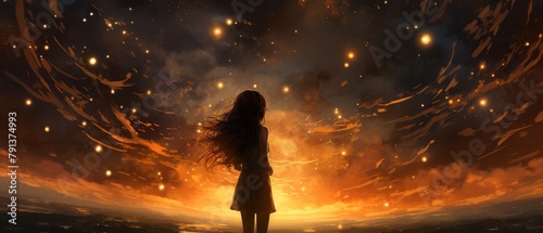 Anime girl standing alone in a field of fireflies photo