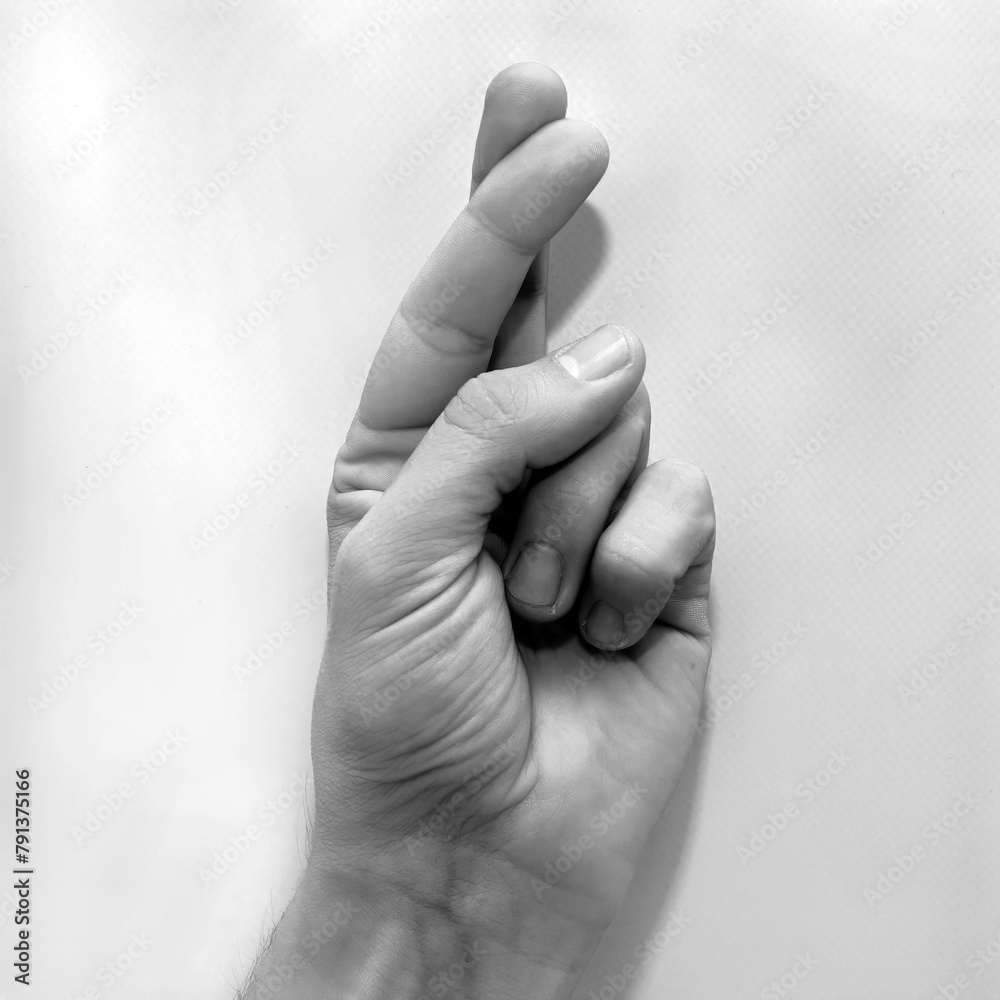 Letter R in American Sign Language (ASL) for deaf people, black and white photo of a hand Letter R in American Sign Language (ASL) for deaf people, black and white photo of a hand