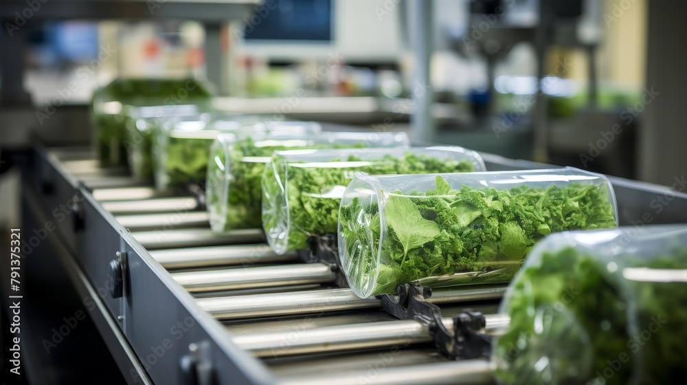 An image of a conveyor belt with packages of salad mix. An image of a conveyor belt with packages of salad mix.