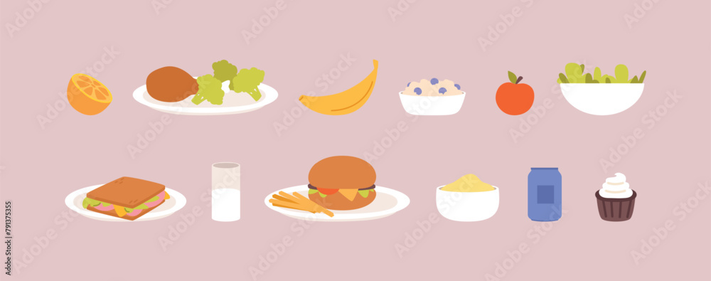 Tasty lunches variations. Kids canteen, drinks and fresh food. Fruits, vegetables and porridge. Sandwich and burger with potatoes, vector set