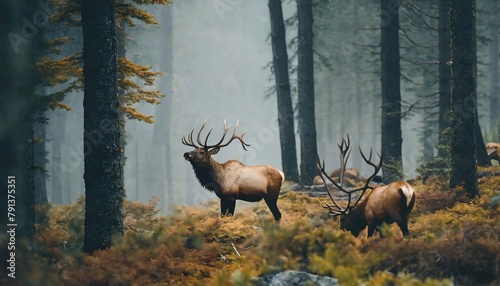 A deer with big antlers wanders in the forest