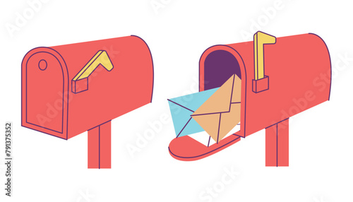 Opened closed mailbox. Street letterbox with different envelopes and letters. Postal box with open door, overflowing of mail. Flat decent vector elements