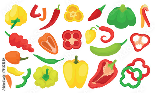 Cartoon peppers and paprika. Red green yellow pepper for cooking, half and slices. Fresh farm agriculture ingredients, isolated neoteric vector vegetables
