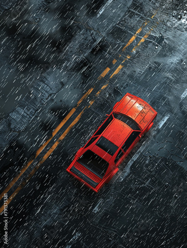 A red car drifting on the road, from a bird's eye view, in wet weather with raindrops falling. 