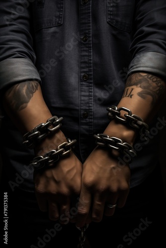 Closeup of a persons hands in handcuffs, symbolizing crime, justice, and punishment.