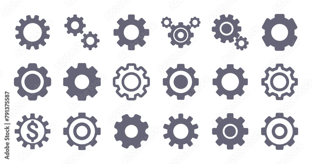 Gears glyph flat icons. Vector solid pictogram set included icon as cogwheels silhouette illustration for settings. Gears glyph flat icons. Vector solid pictogram set included icon as cogwheels silhouette illustration for settings.