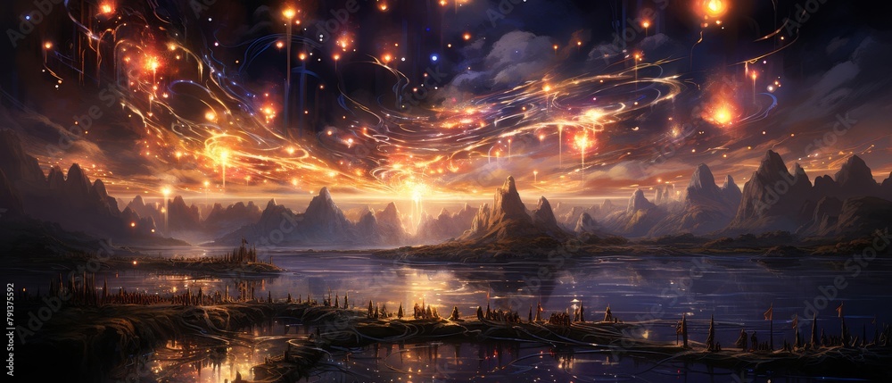 An ethereal landscape with floating islands and a beautiful night sky full of falling stars.
