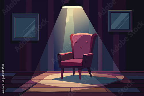 Single chair under a spotlight in a dark room, vector cartoon illustration.