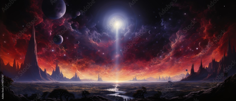 An epic fantasy landscape painting of a red alien planet with a bright light source in the center and a river running through the middle.