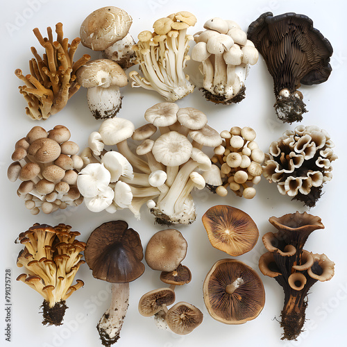 all incorporated all real, one maitake mushroom, one shiitake mushroom, one lions mane mushroom, reishi mushroom, one cordycep mushroom, one chaga mushroom, one turkey tails mushroom, Ai generative 