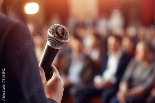 Speaking event, closeup on microphone with defocused spectators, presentation setting.