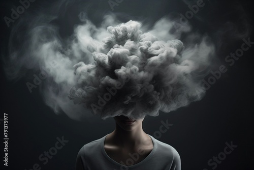 Dark storm cloud replacing head, portraying anxiety, isolated on dark grey, copy space.