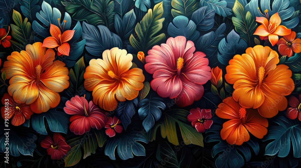 A stunning array of hibiscus flowers in full bloom, set against a backdrop of rich tropical foliage, creates a vibrant and lush floral tapestry.