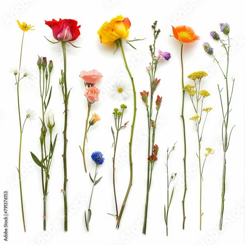 A vibrant selection of various pressed wild meadow flowers isolated on a white background  displaying a range of colors and details.