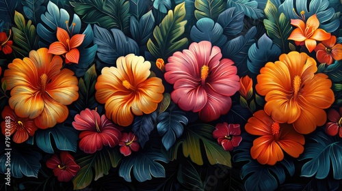 A stunning array of hibiscus flowers in full bloom  set against a backdrop of rich tropical foliage  creates a vibrant and lush floral tapestry.