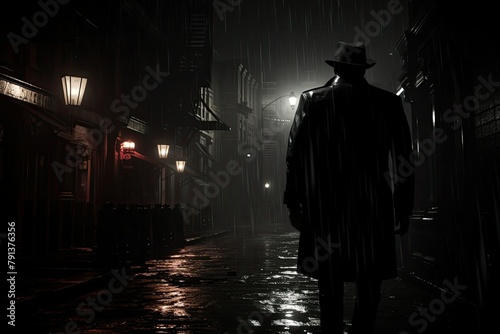 A man, reminiscent of a vintage detective, walking down a rain-soaked street at night. Generative AI