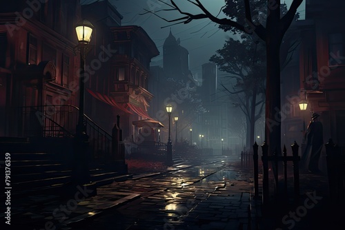 A vintage detective walking down a dimly lit street at night  under the glow of street lamps. Generative AI