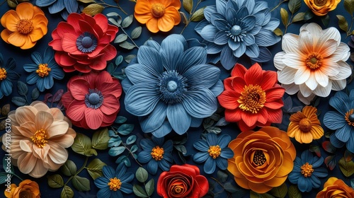 A stunning collection of intricately crafted paper flowers in rich colors, from deep blues to warm reds, beautifully arranged on a dark backdrop.