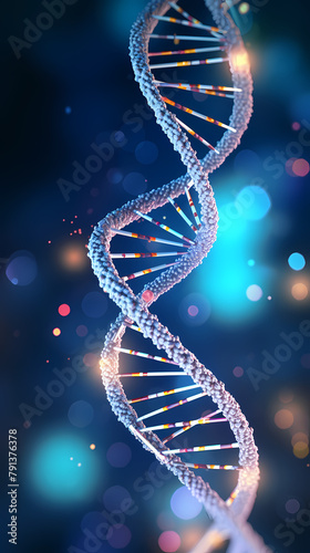 3D rendering of double helix DNA structure on blue background © Derby