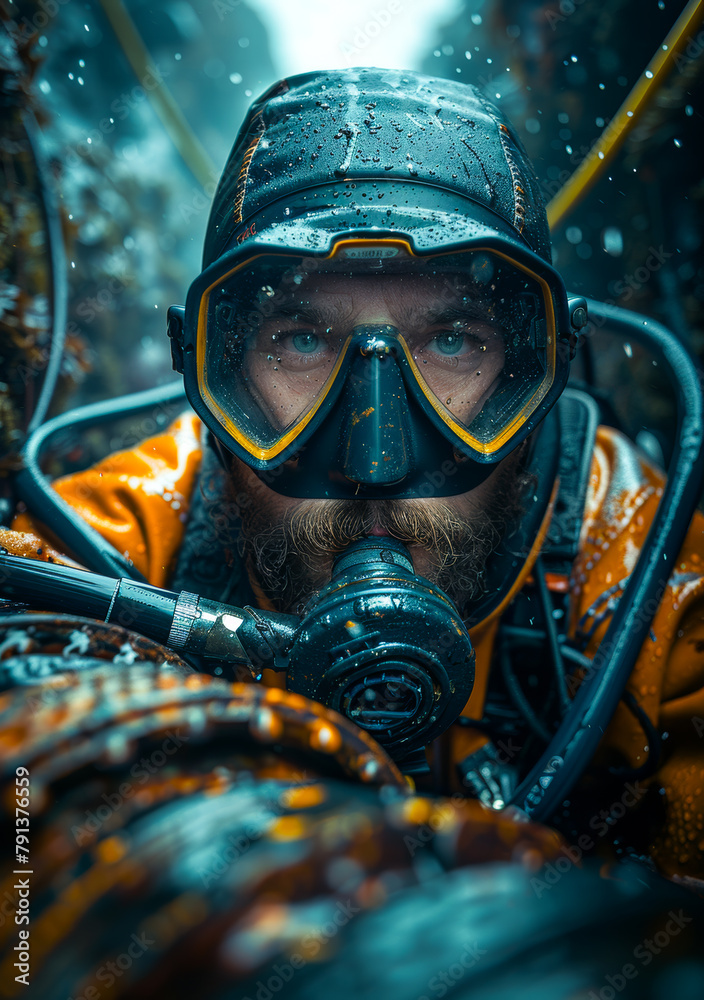 Bearded male wears helmet and SCUBA diving with large speargun Bearded male wears helmet and SCUBA diving with large speargun