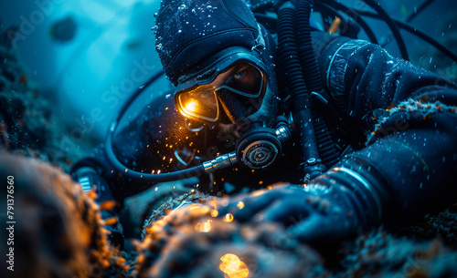 Navy SEAL frogman with complete diving gear and weapons in the water