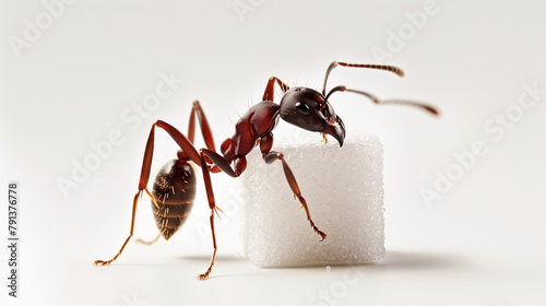 A small red ant is standing on a piece of white sugar. The ant appears to be looking down at the ground. a single ant caring a cube of sugar on its back, white background