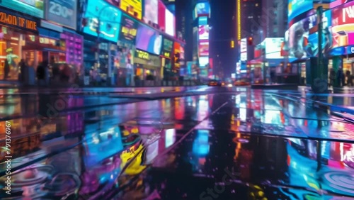 New York's Times Square glistening with vivid neon signs. People come and go as car lights pass by. An iconic scene of the pop and energetic modern city. 