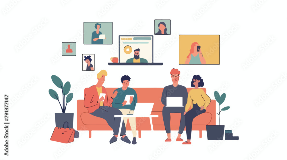 Friends meeting online. Vector illustration in trendy