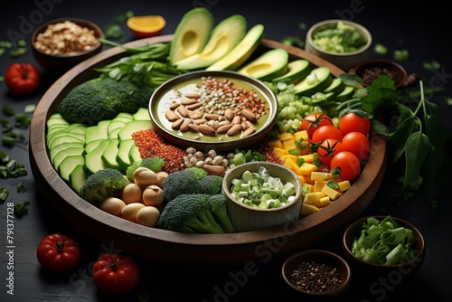 A wooden plate full of healthy food, including vegetables, fruits, nuts, and seeds.