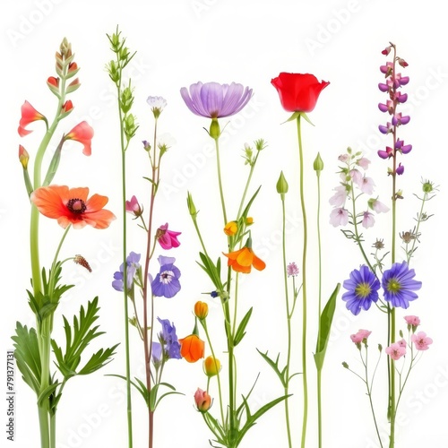 A vibrant selection of various pressed wild meadow flowers isolated on a white background, displaying a range of colors and details. © MiniMaxi