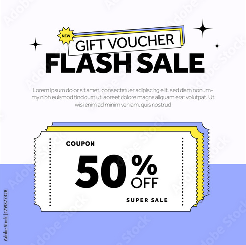 Flash sale coupon with coupon code, percentage off. Gift voucher special sale off event banner template. Vector illustration. Vector illustration