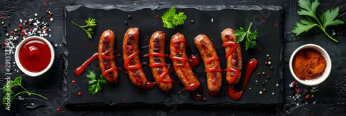  Flavorful grilled sausages on a wooden platter, topped with an assortment of sauces and herbs , Top view of Bock worst sausages on a black plate, Fried sausages fresh pork beef or lamb fresh portion  photo