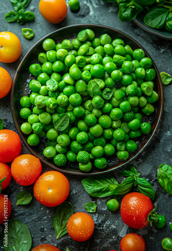 Green peas and tomatoes on dark background