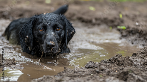 Muddy black dog lies in a puddle, looking up with a forlorn expression amidst the muck and water. photo