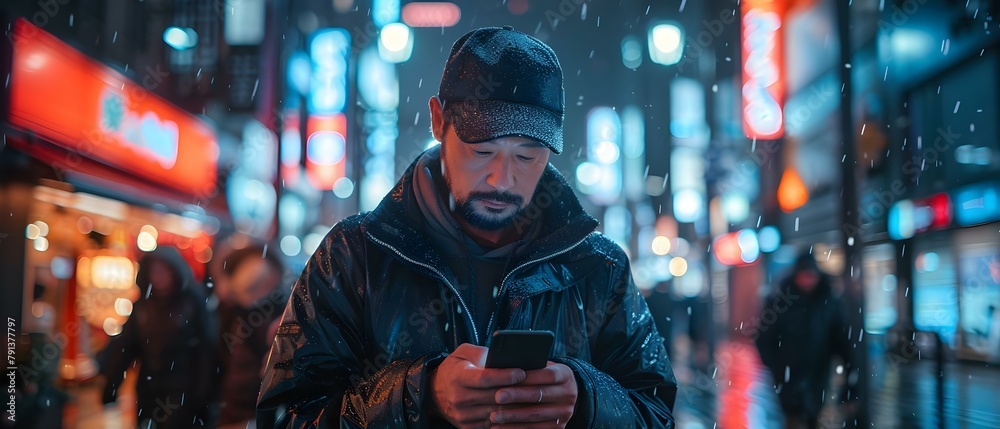 Man texting on phone while walking through city streets at night. Concept Cityscape, Night Time Photography, Texting on Phone, Urban Lifestyle, Mobile Technology