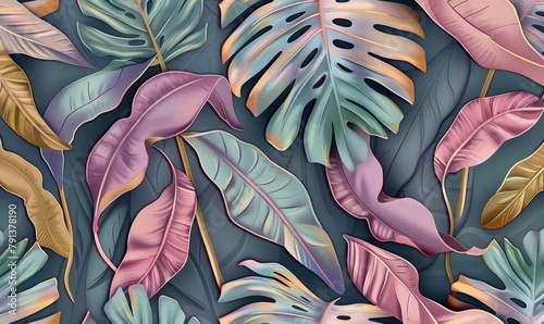 tropical exotic luxury seamless pattern with pastel color banana leaves palm colocasia hand drawn 3d illustration vintage glamorous art design good for wallpapers cloth fabric printing, Generative AI photo