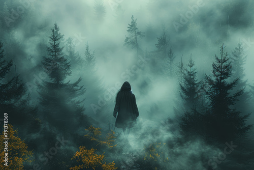 A lone traveler wandering through a misty forest, chasing elusive dreams amidst the whispering trees. Concept of pursuit in nature's embrace. Generative Ai. photo